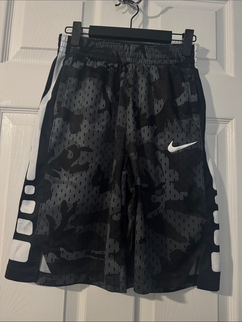Nike Black & Gray Camo Athletic Shorts with White Swoosh